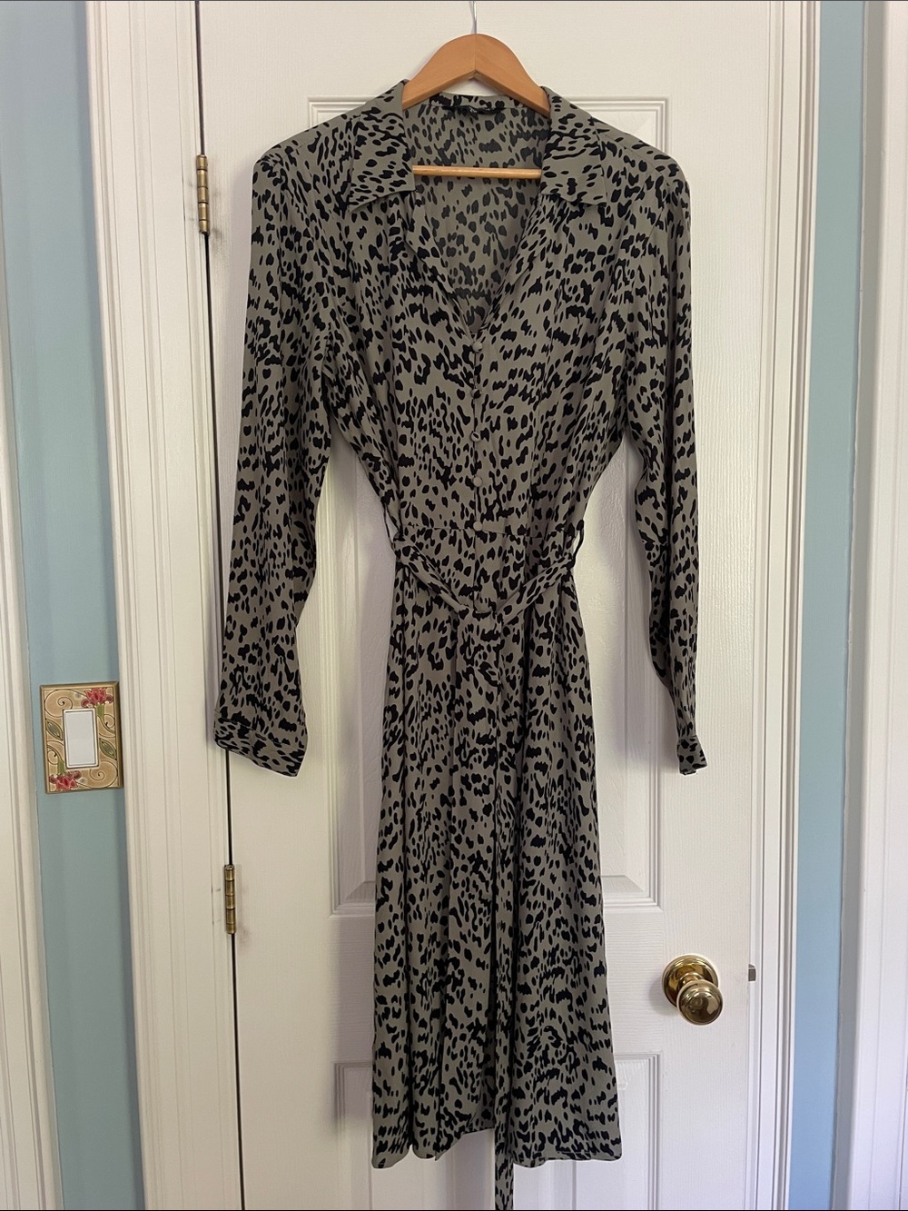 Velvet Heart Sage Green Midi Dress with Black Animal Spot Print